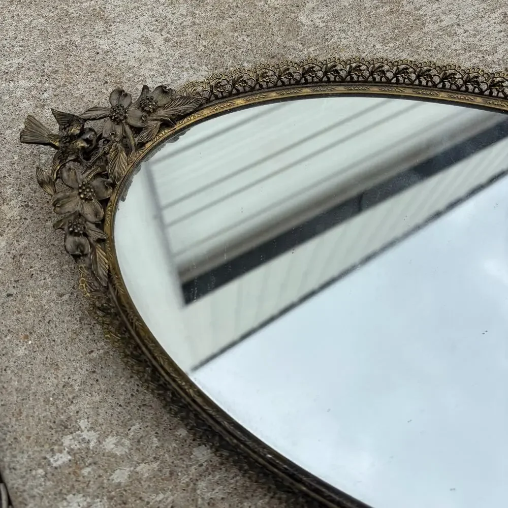 Vintage Gold Tone Oval Vanity Floral Fair Tray Mirror Wall Hanging 9x18
